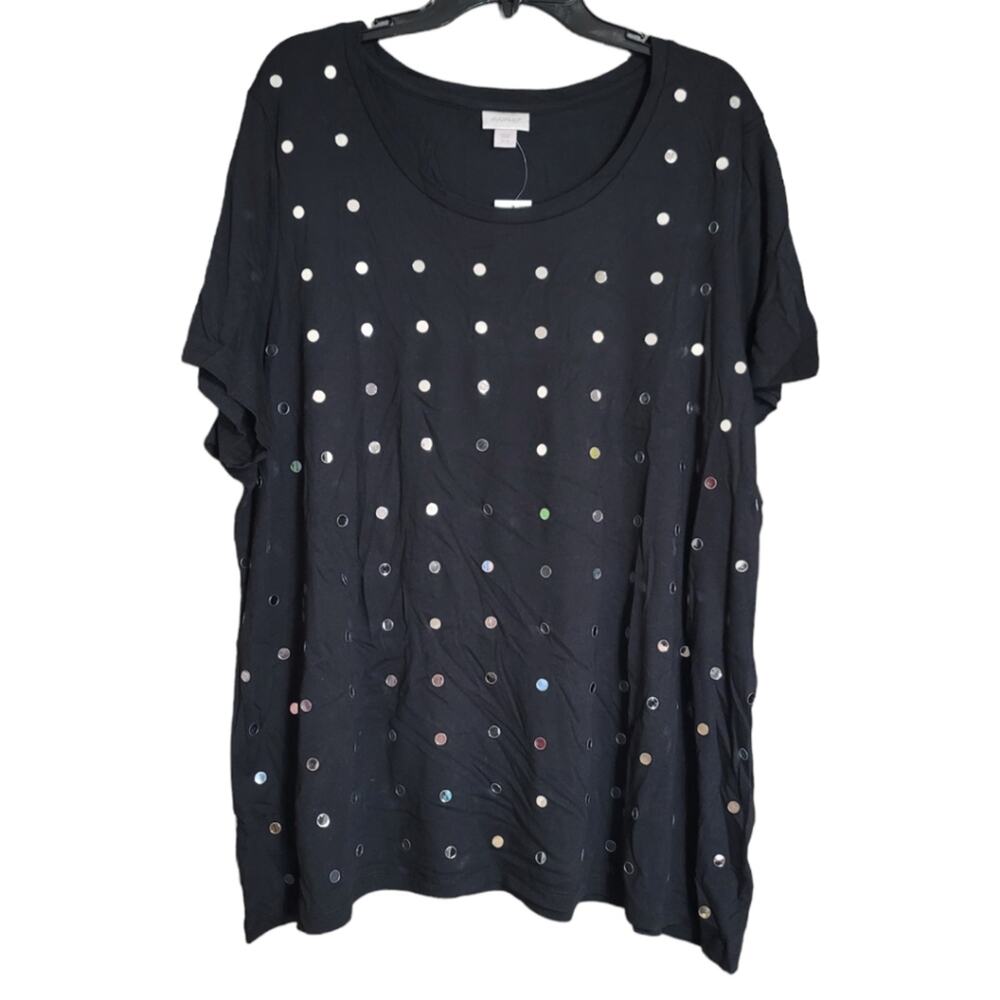 Avenue Black Short Sleeve Scoop Neckline Polka Dot Sequin Top Size 26/28 - Picture 6 of 6